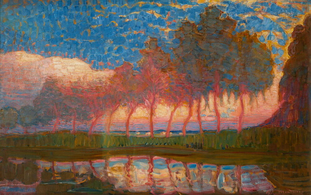 Schilderij van Piet Mondriaan van elf populieren langs het water in rood en blauwtinten.