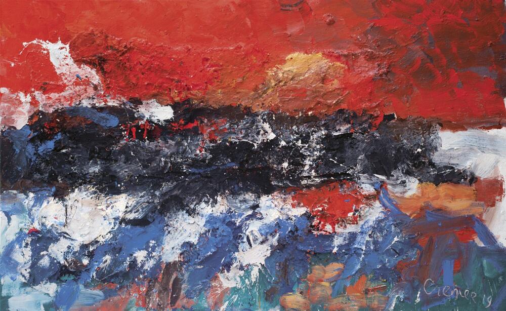 Schilderij van Jan Cremer met rood, zwart en blauw.