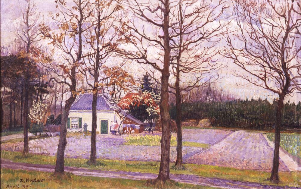 Schilderij van Jo Koster van een huisje omringd met een aantal bomen, in paarstinten.