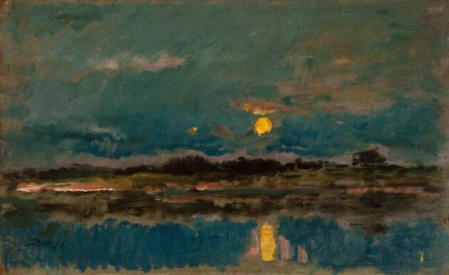 Een impressionistsch schilderij van de kleurenharmonie van het nachtblauw en de oranje-gelen en de reflectie van het maanlicht in het water. 