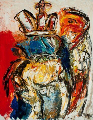 Een abstract schilderij van Karel Appel in blauw en rood. Aan de bovenkant lijkt een kroon geschilderd.