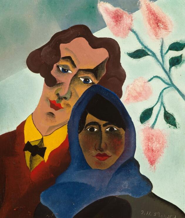 Een schilderij van een witte man en donkere vrouw met hoofddoek die dicht bij elkaar staan. Het portret is in een illustratieve stijl geschilderd met lichte kleuren en bloemen.