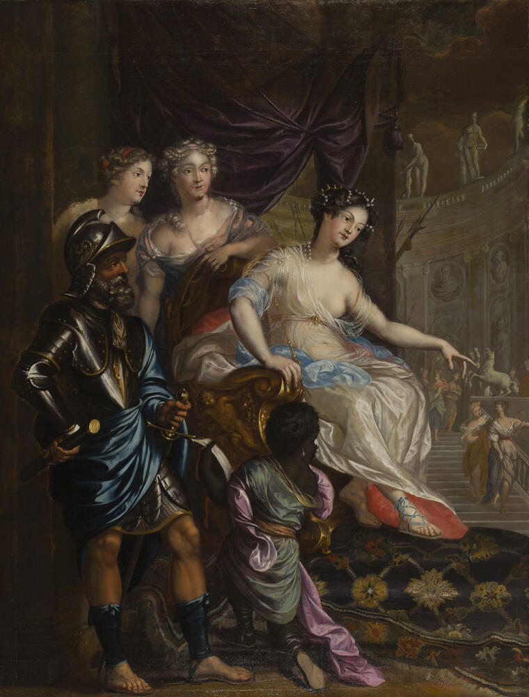 Schilderij van Dido die op een troon zit met bedienden om haar heen, waaronder een man in harnas.