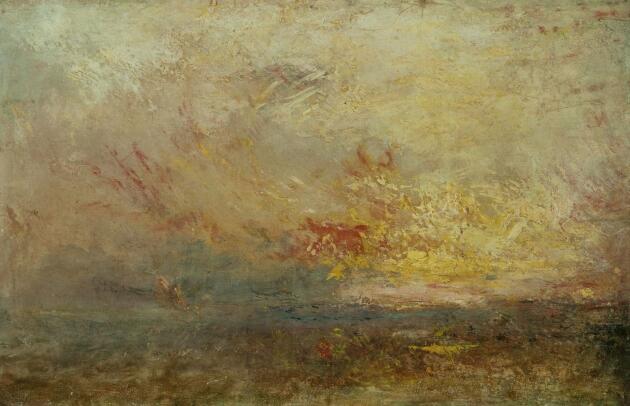 Schilderij Wolken en water van William Turner met accenten in geel en goud.
