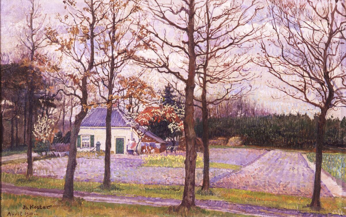 Schilderij van Jo Koster van een huisje omringd met een aantal bomen, in paarstinten.