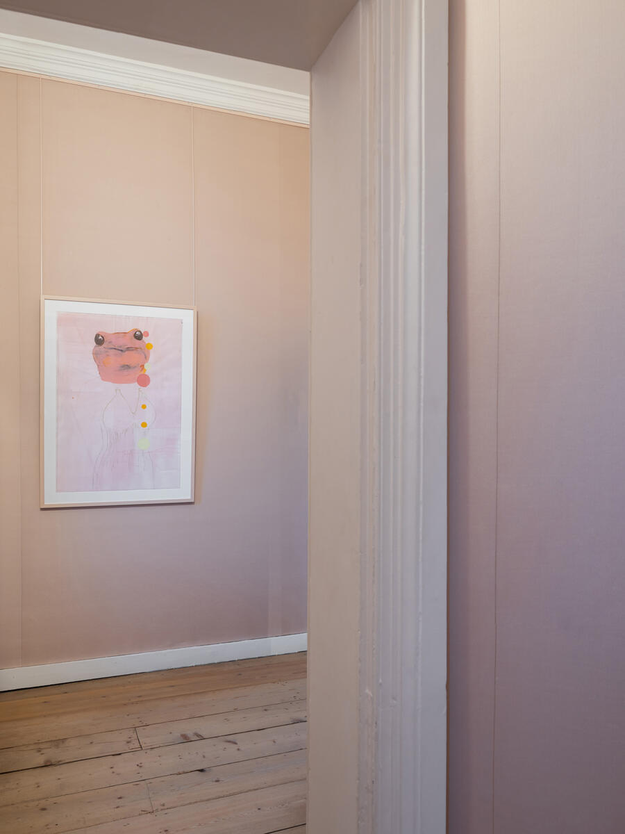 Een waterverf schilderij van Q.S. Serafijn van een roze kikker hangt in een kamer met lichtroze muren.
