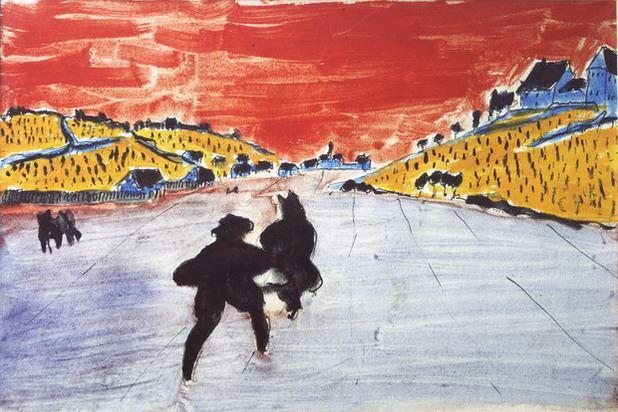 Een schilderij van rennende silhouetten voor een rode lucht.