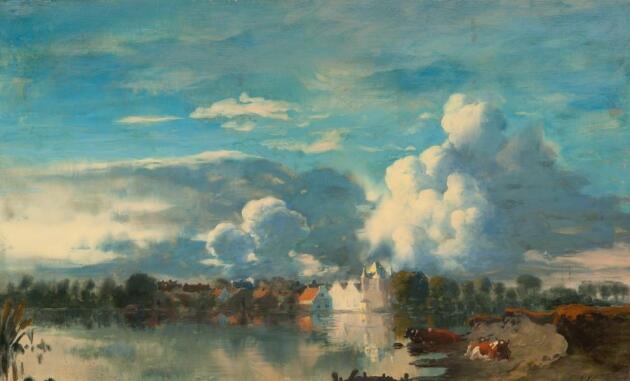 Een landschap schilderij met een blauwe lucht en witte wolken.