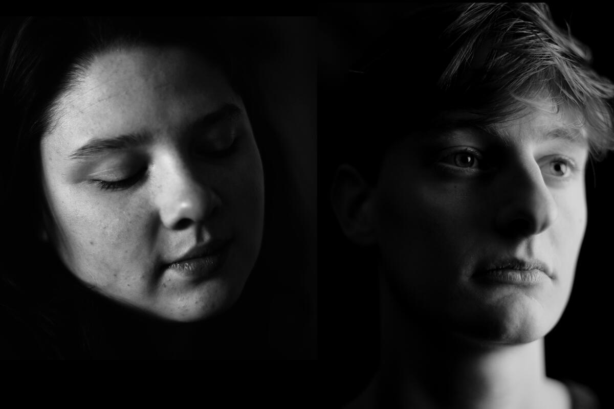 Een zwart wit foto met links een portret van zangeres Liv Onwijn en rechts een portret van gitarist Thijs Jansen 