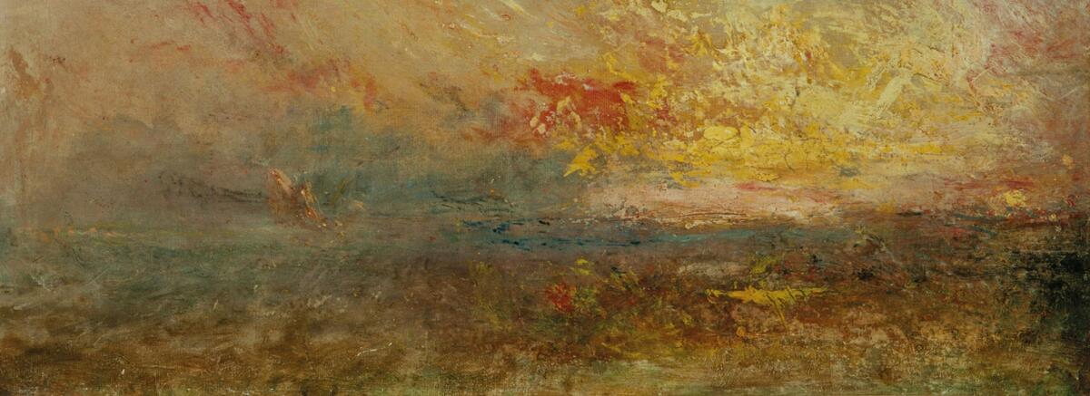 Een detail van het schilderij Wolken en water met accenten in geel en goud.