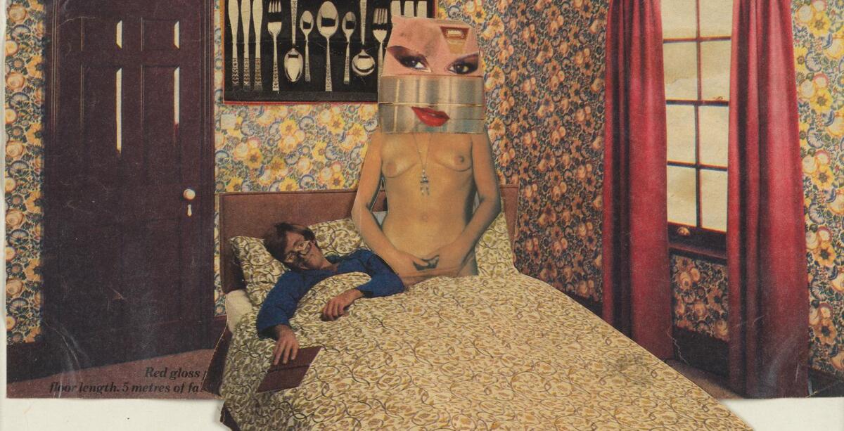 Farbige Collage von Linder, in der Mitte ein Bett mit einem schlafenden Mann und einer nackten Frau; das Gesicht der Frau ist mit &uuml;bergro&szlig;en Augen und einem &uuml;bergro&szlig;en Mund verdeckt.