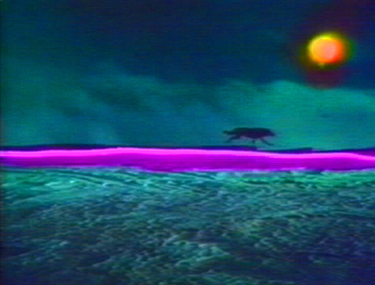 Digitaal kuntwerk Sweet Dream met een groenblauwe donkere gloed, een oranje cirkel rechtsboven en een wolf die over een paars pad loopt