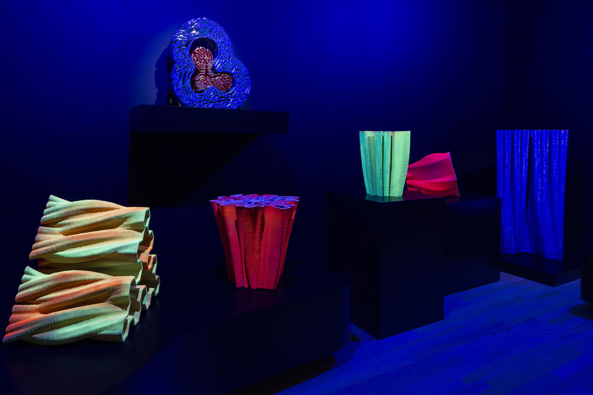 glow in the dark 3d werken van Miguel Chevalier in een blacklight kamer