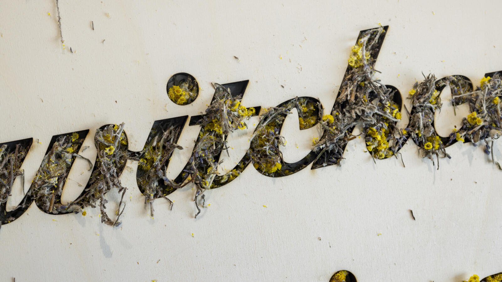 Een detail van een houten bord waar het woord 'Witches' op zichtbaar is, gevuld met gele bloemen en een soort grijs stro.