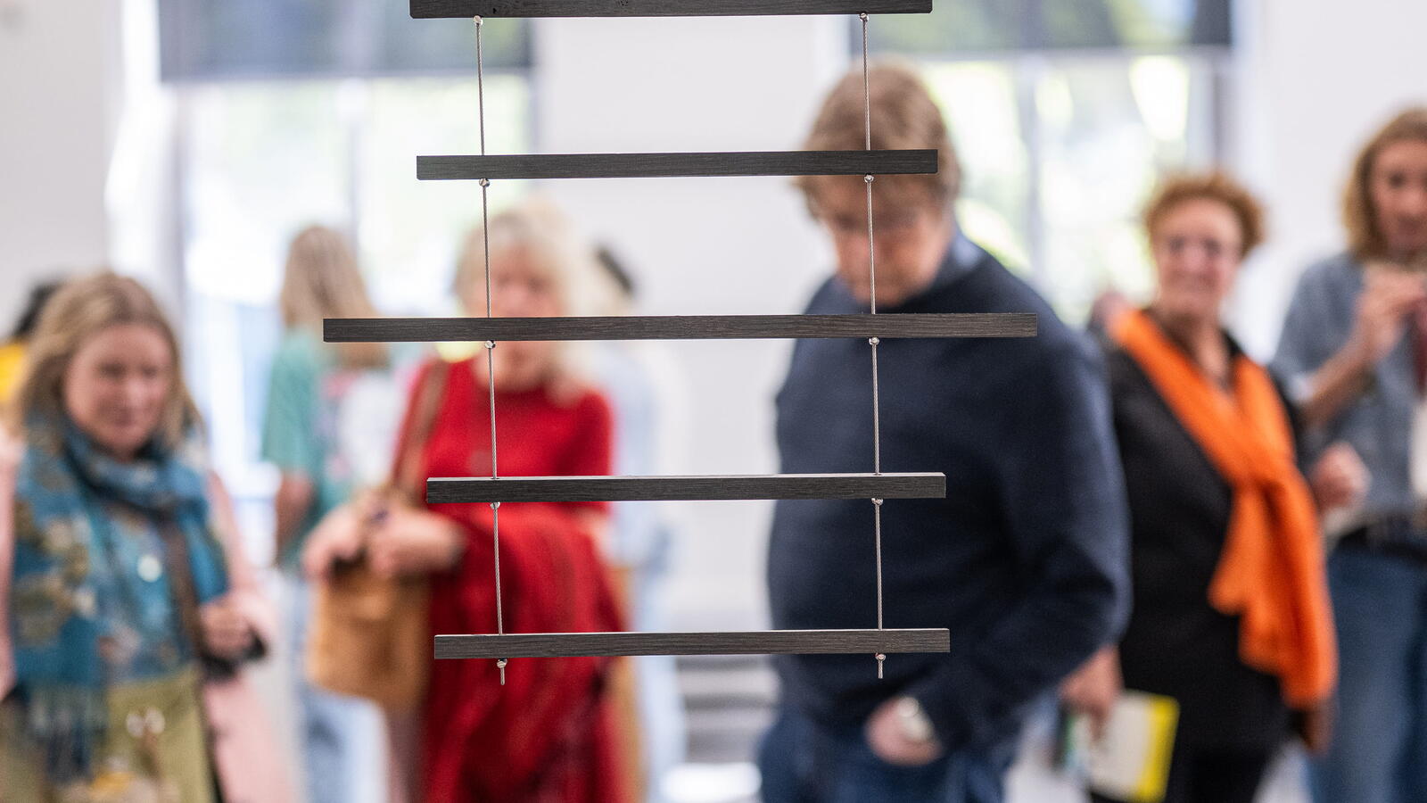 Een boomstam met daarboven houten balkjes aan twee touwen, alsof het een ladder is. Onscherp in de verte zie je bezoekers naar de boomstam kijken.