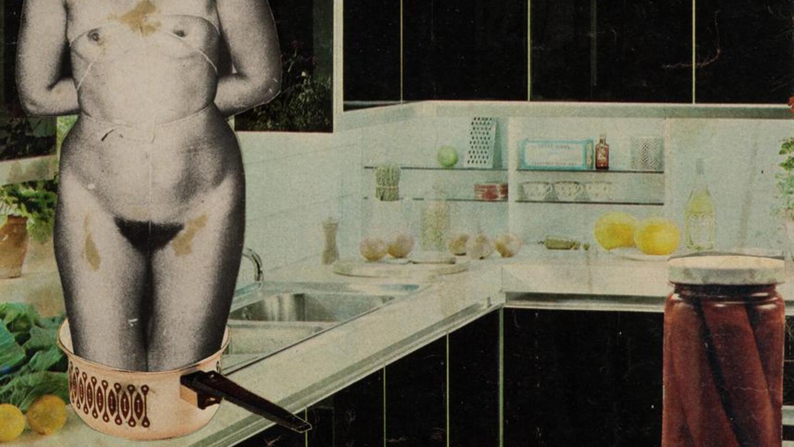 Collage von Linder: eine K&uuml;che; auf der Arbeitsplatte steht eine nackte Frau, deren Gesicht aus einem Mixer besteht