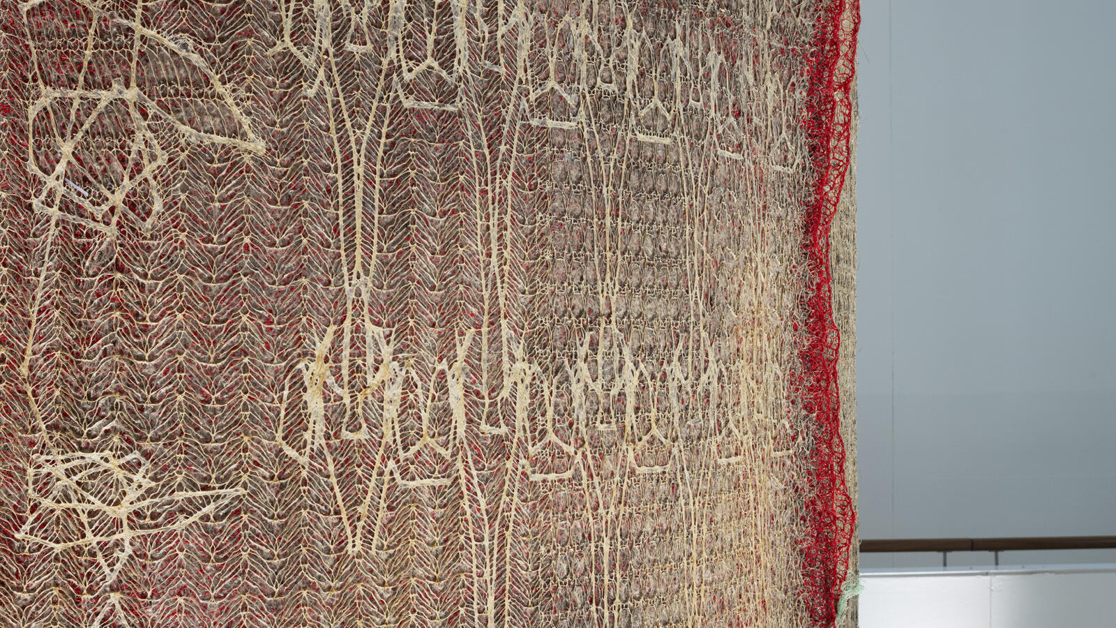 groot hangend kunstwerk van gedroogde plantenwortels en rode stof van Diana Scherer gefotografeerd als close-up waardoor het patroon goed zichtbaar is.