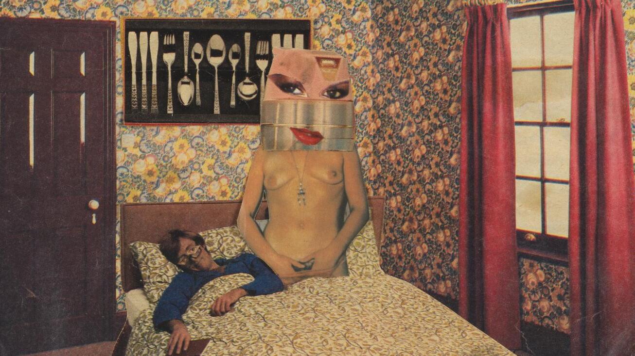 Collagewerk in kleur van Linder, centraal een bed met een slapende man en een naakte vrouw, het gezicht van de vrouw is afgedekt met uitvergrootte ogen en mond.